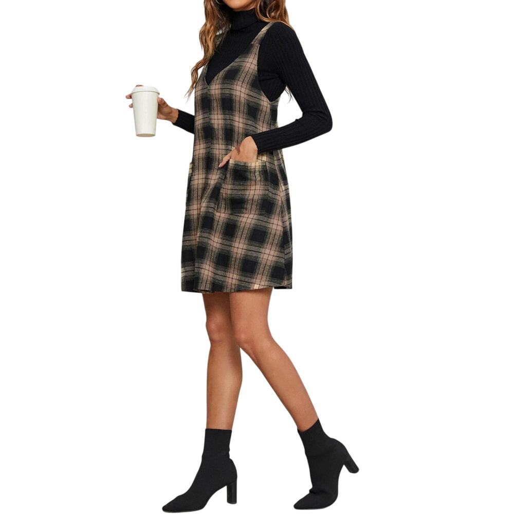 Shein Black & Tan Plaid Sleeveless Mini Dress Pocket Front Layering Dress Large - Picture 3 of 8